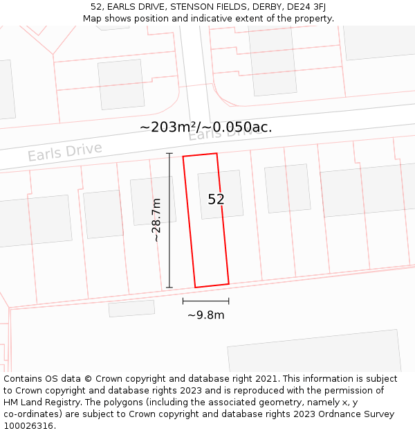 52, EARLS DRIVE, STENSON FIELDS, DERBY, DE24 3FJ: Plot and title map