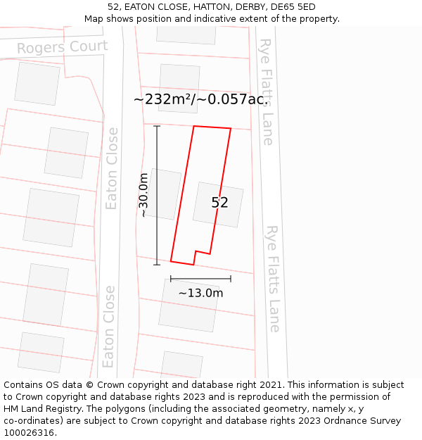 52, EATON CLOSE, HATTON, DERBY, DE65 5ED: Plot and title map