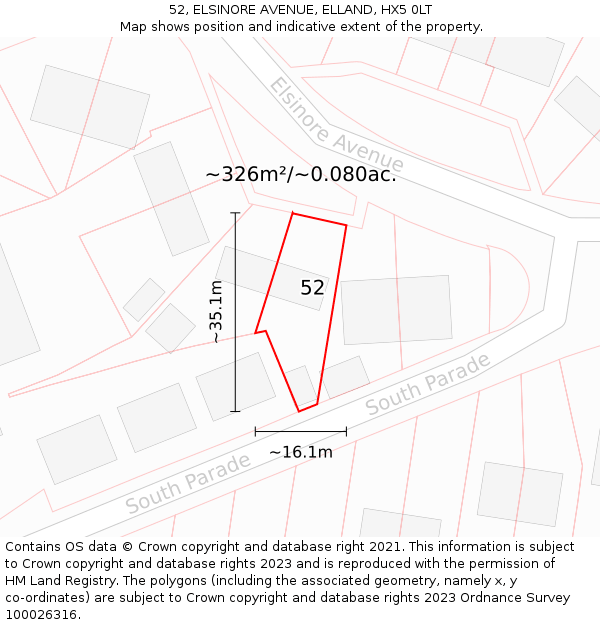 52, ELSINORE AVENUE, ELLAND, HX5 0LT: Plot and title map