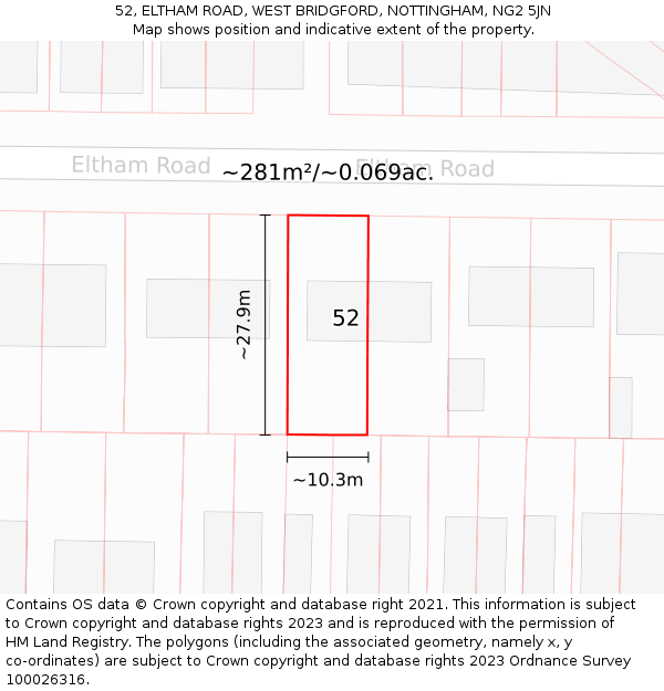 52, ELTHAM ROAD, WEST BRIDGFORD, NOTTINGHAM, NG2 5JN: Plot and title map