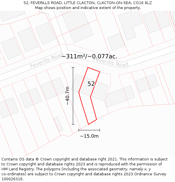 52, FEVERILLS ROAD, LITTLE CLACTON, CLACTON-ON-SEA, CO16 9LZ: Plot and title map