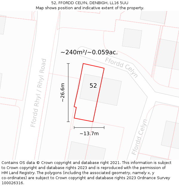 52, FFORDD CELYN, DENBIGH, LL16 5UU: Plot and title map