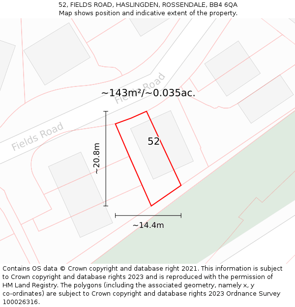 52, FIELDS ROAD, HASLINGDEN, ROSSENDALE, BB4 6QA: Plot and title map