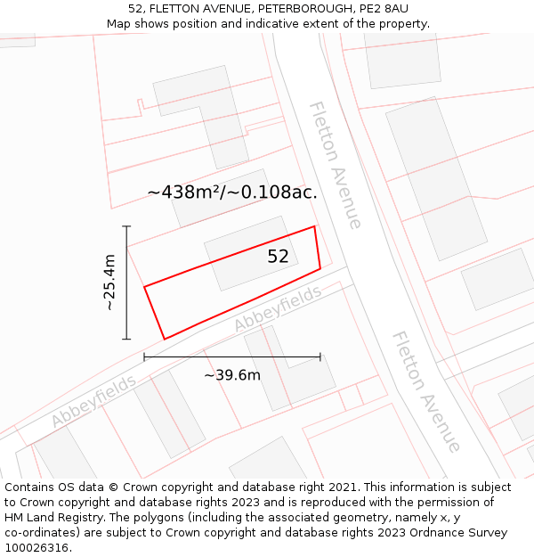 52, FLETTON AVENUE, PETERBOROUGH, PE2 8AU: Plot and title map
