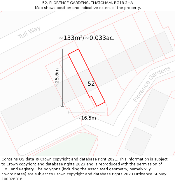 52, FLORENCE GARDENS, THATCHAM, RG18 3HA: Plot and title map