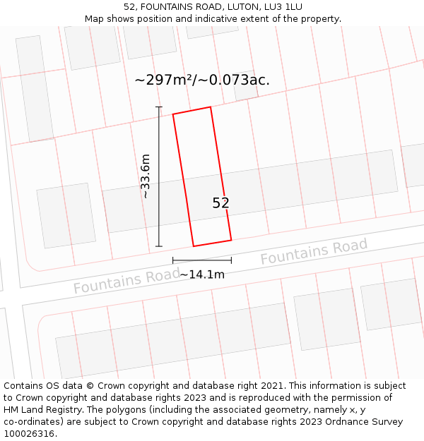 52, FOUNTAINS ROAD, LUTON, LU3 1LU: Plot and title map