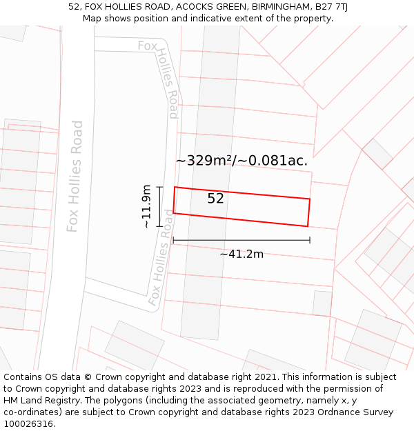 52, FOX HOLLIES ROAD, ACOCKS GREEN, BIRMINGHAM, B27 7TJ: Plot and title map