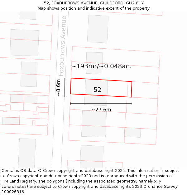 52, FOXBURROWS AVENUE, GUILDFORD, GU2 8HY: Plot and title map