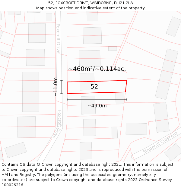 52, FOXCROFT DRIVE, WIMBORNE, BH21 2LA: Plot and title map