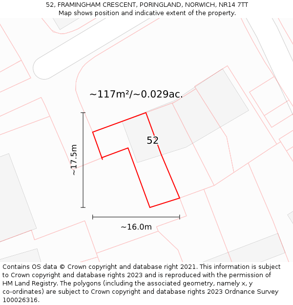 52, FRAMINGHAM CRESCENT, PORINGLAND, NORWICH, NR14 7TT: Plot and title map