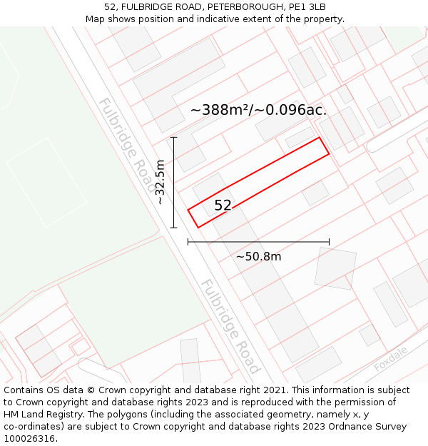 52, FULBRIDGE ROAD, PETERBOROUGH, PE1 3LB: Plot and title map