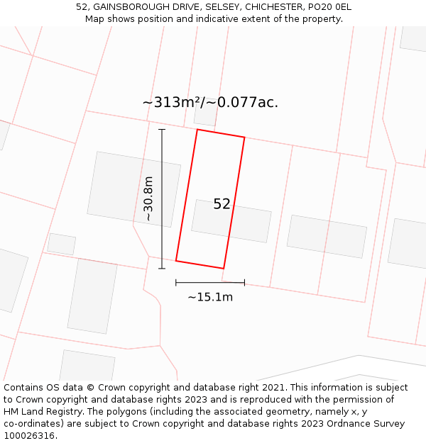 52, GAINSBOROUGH DRIVE, SELSEY, CHICHESTER, PO20 0EL: Plot and title map