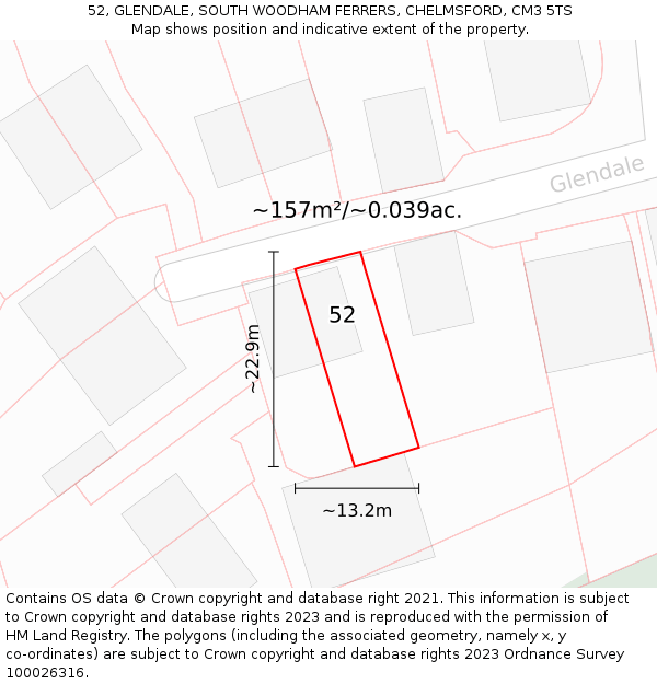 52, GLENDALE, SOUTH WOODHAM FERRERS, CHELMSFORD, CM3 5TS: Plot and title map