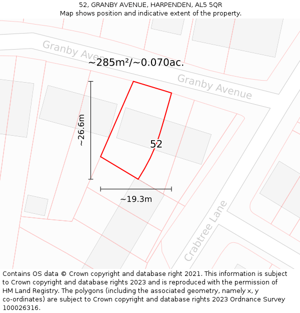 52, GRANBY AVENUE, HARPENDEN, AL5 5QR: Plot and title map