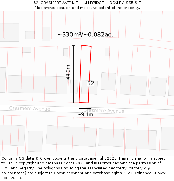 52, GRASMERE AVENUE, HULLBRIDGE, HOCKLEY, SS5 6LF: Plot and title map
