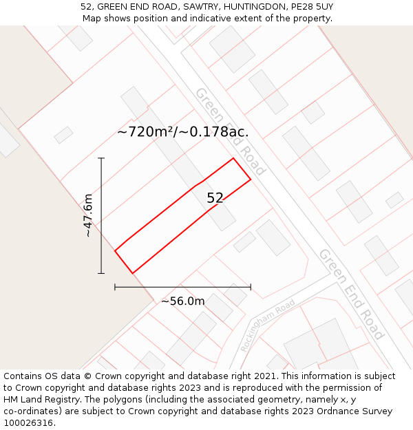 52, GREEN END ROAD, SAWTRY, HUNTINGDON, PE28 5UY: Plot and title map