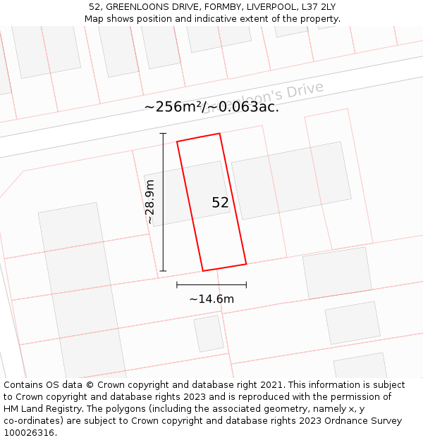 52, GREENLOONS DRIVE, FORMBY, LIVERPOOL, L37 2LY: Plot and title map