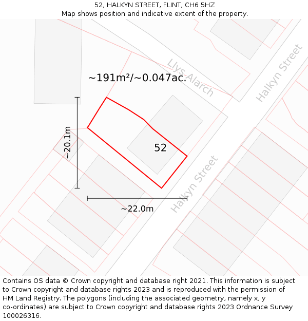 52, HALKYN STREET, FLINT, CH6 5HZ: Plot and title map