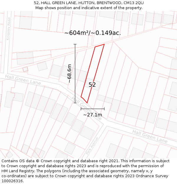 52, HALL GREEN LANE, HUTTON, BRENTWOOD, CM13 2QU: Plot and title map