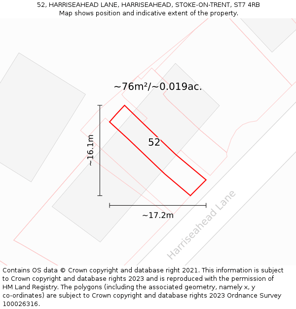 52, HARRISEAHEAD LANE, HARRISEAHEAD, STOKE-ON-TRENT, ST7 4RB: Plot and title map