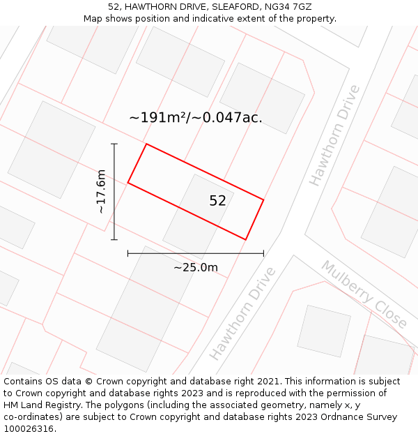 52, HAWTHORN DRIVE, SLEAFORD, NG34 7GZ: Plot and title map