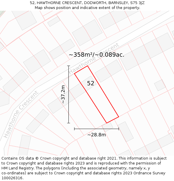 52, HAWTHORNE CRESCENT, DODWORTH, BARNSLEY, S75 3JZ: Plot and title map