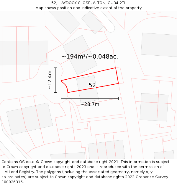 52, HAYDOCK CLOSE, ALTON, GU34 2TL: Plot and title map