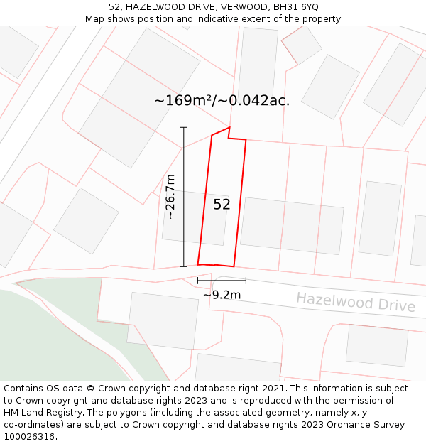 52, HAZELWOOD DRIVE, VERWOOD, BH31 6YQ: Plot and title map