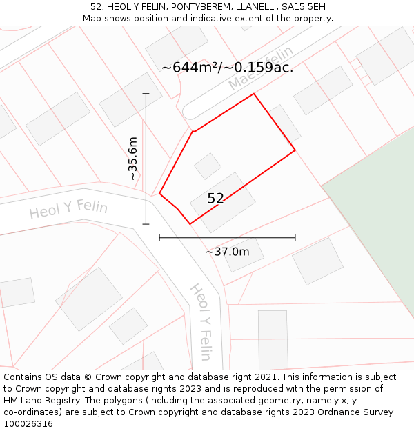 52, HEOL Y FELIN, PONTYBEREM, LLANELLI, SA15 5EH: Plot and title map