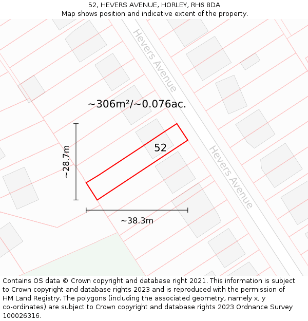 52, HEVERS AVENUE, HORLEY, RH6 8DA: Plot and title map