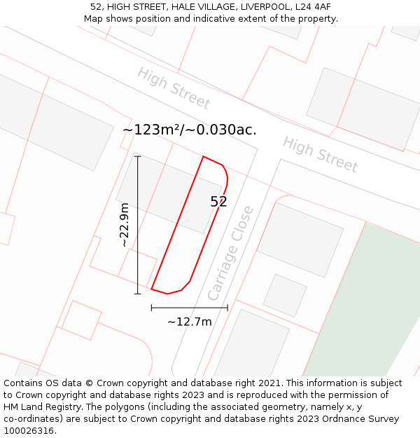 52, HIGH STREET, HALE VILLAGE, LIVERPOOL, L24 4AF: Plot and title map