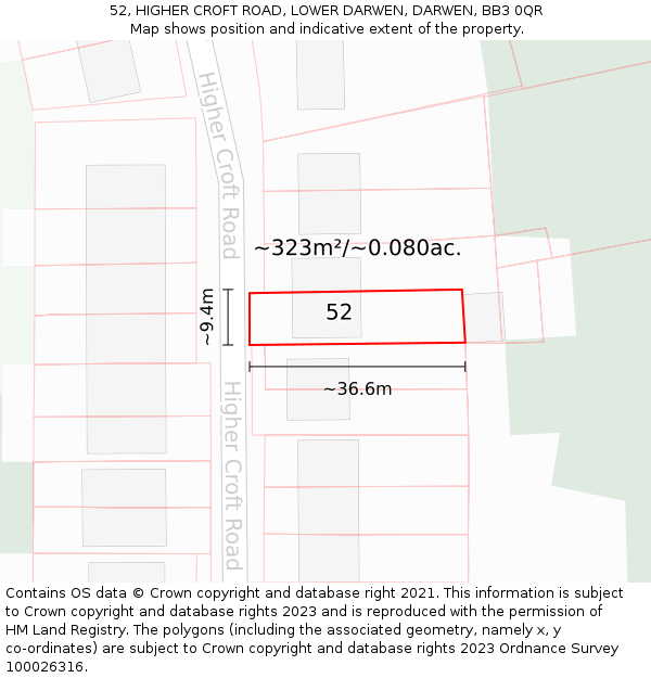 52, HIGHER CROFT ROAD, LOWER DARWEN, DARWEN, BB3 0QR: Plot and title map