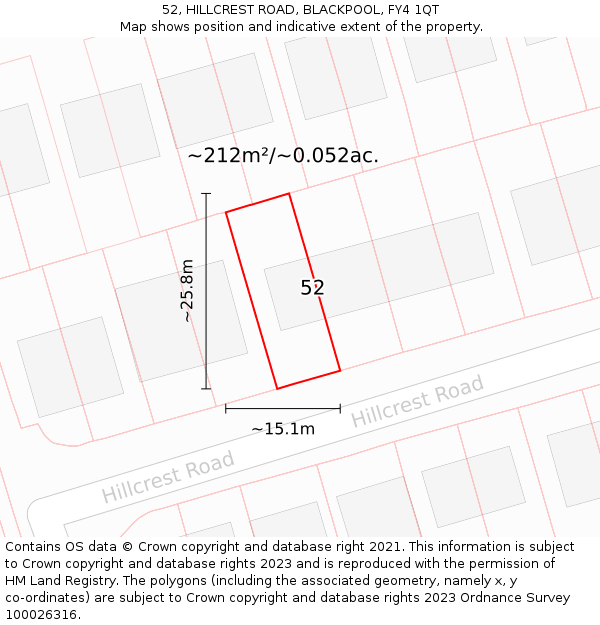 52, HILLCREST ROAD, BLACKPOOL, FY4 1QT: Plot and title map