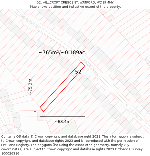 52, HILLCROFT CRESCENT, WATFORD, WD19 4NY: Plot and title map