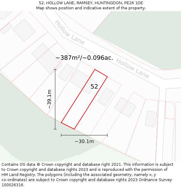 52, HOLLOW LANE, RAMSEY, HUNTINGDON, PE26 1DE: Plot and title map