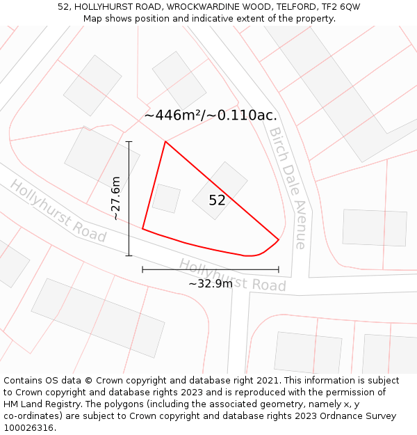 52, HOLLYHURST ROAD, WROCKWARDINE WOOD, TELFORD, TF2 6QW: Plot and title map