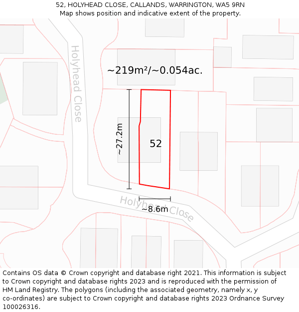 52, HOLYHEAD CLOSE, CALLANDS, WARRINGTON, WA5 9RN: Plot and title map