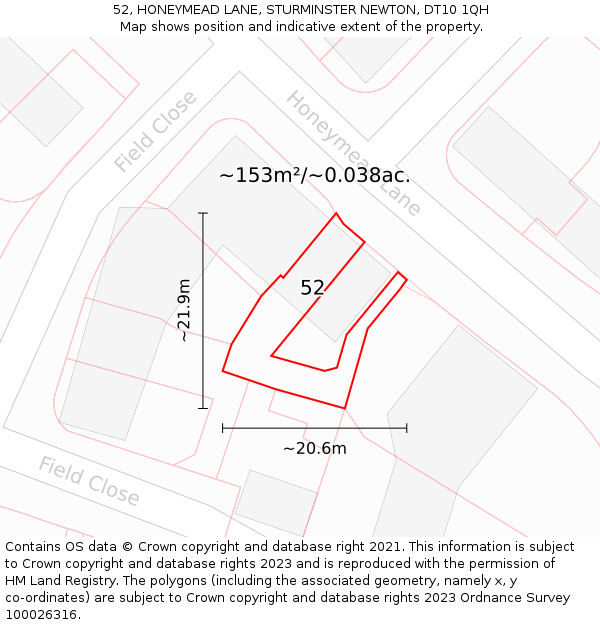 52, HONEYMEAD LANE, STURMINSTER NEWTON, DT10 1QH: Plot and title map