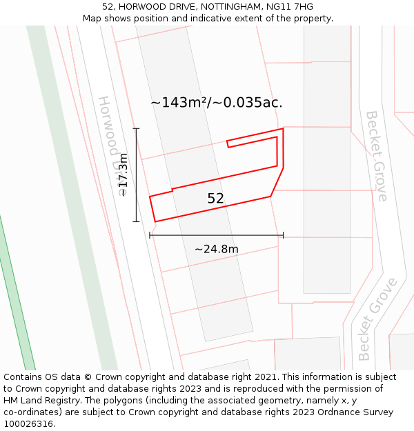 52, HORWOOD DRIVE, NOTTINGHAM, NG11 7HG: Plot and title map