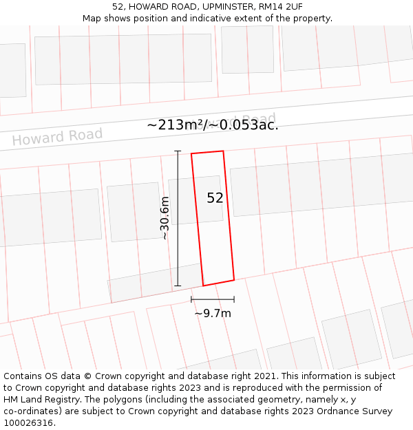 52, HOWARD ROAD, UPMINSTER, RM14 2UF: Plot and title map