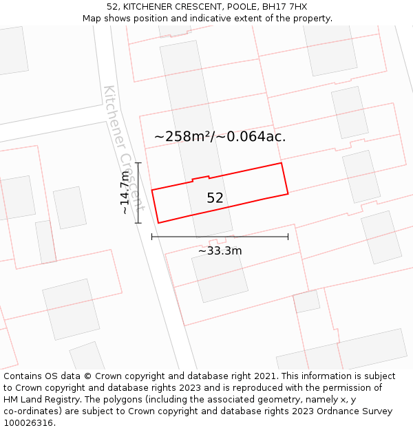 52, KITCHENER CRESCENT, POOLE, BH17 7HX: Plot and title map