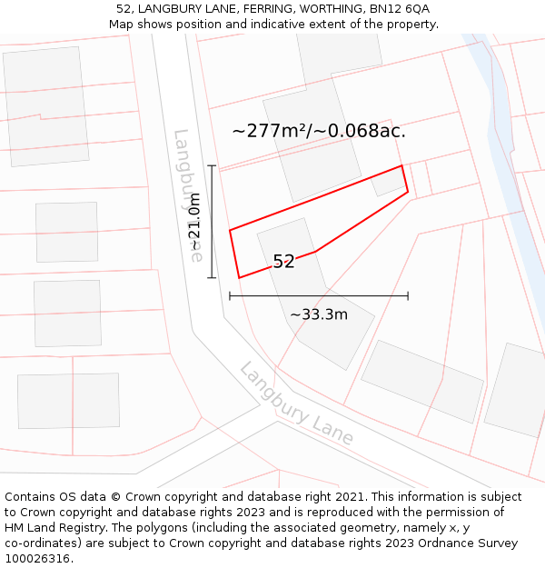 52, LANGBURY LANE, FERRING, WORTHING, BN12 6QA: Plot and title map