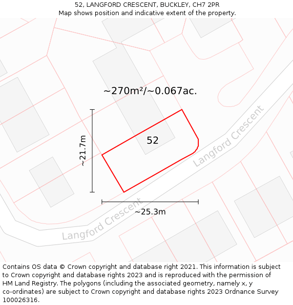 52, LANGFORD CRESCENT, BUCKLEY, CH7 2PR: Plot and title map