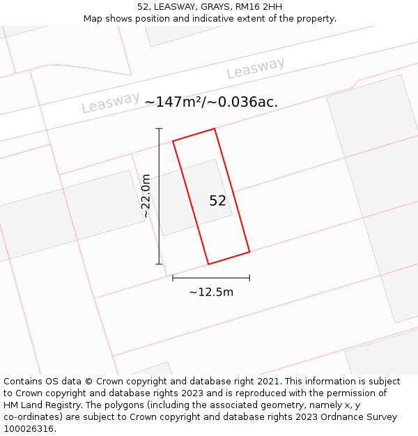 52, LEASWAY, GRAYS, RM16 2HH: Plot and title map