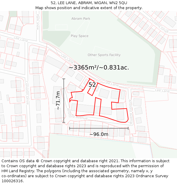 52, LEE LANE, ABRAM, WIGAN, WN2 5QU: Plot and title map