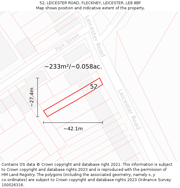 52, LEICESTER ROAD, FLECKNEY, LEICESTER, LE8 8BF: Plot and title map