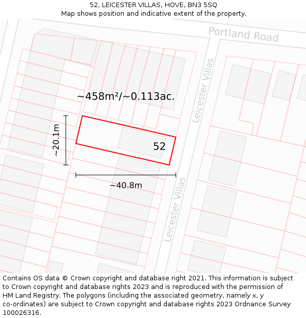 52, LEICESTER VILLAS, HOVE, BN3 5SQ: Plot and title map