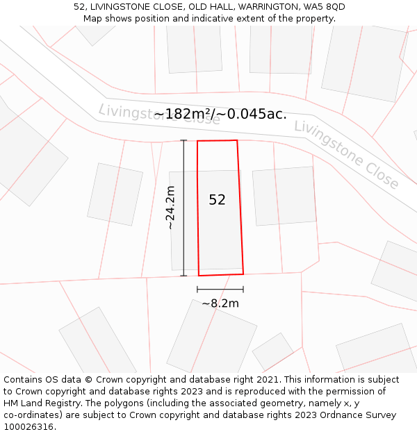 52, LIVINGSTONE CLOSE, OLD HALL, WARRINGTON, WA5 8QD: Plot and title map