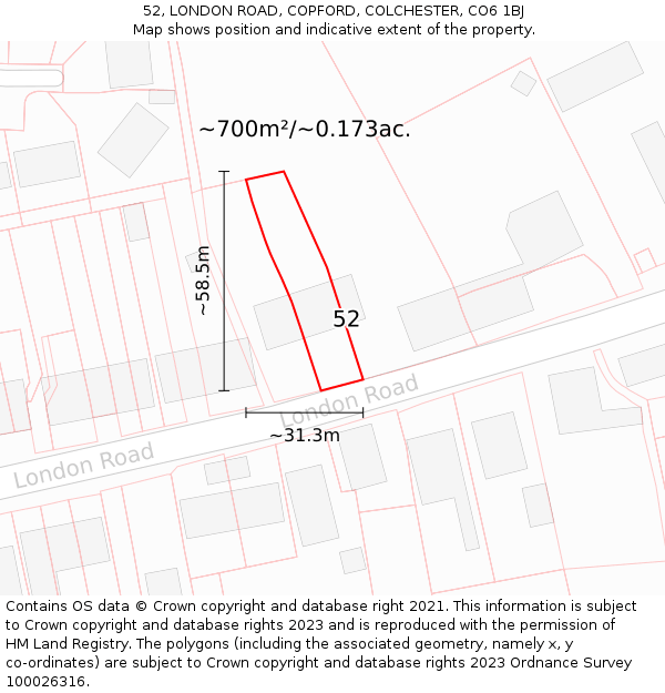 52, LONDON ROAD, COPFORD, COLCHESTER, CO6 1BJ: Plot and title map