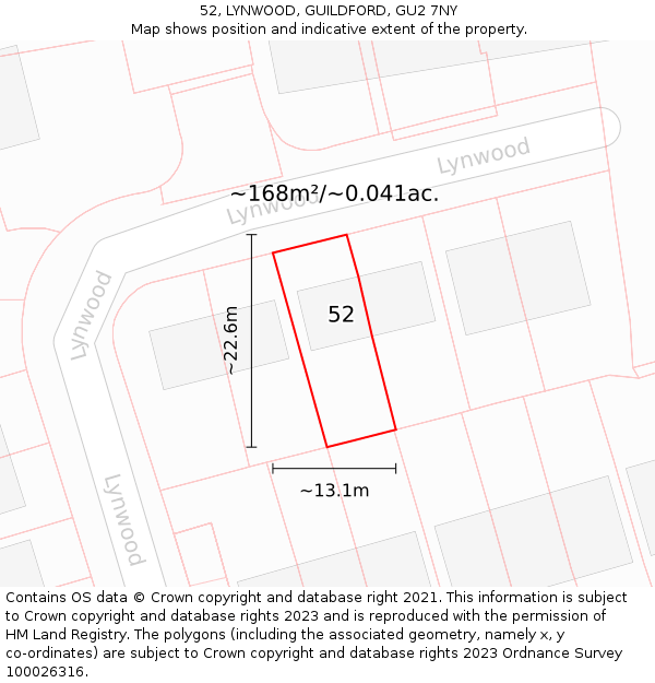 52, LYNWOOD, GUILDFORD, GU2 7NY: Plot and title map